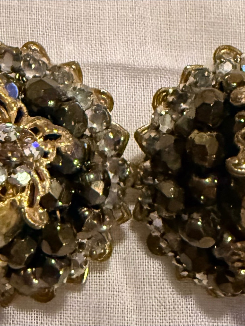 Miriam Haskell Gold and Smoky Crystal Cluster Clip Earrings